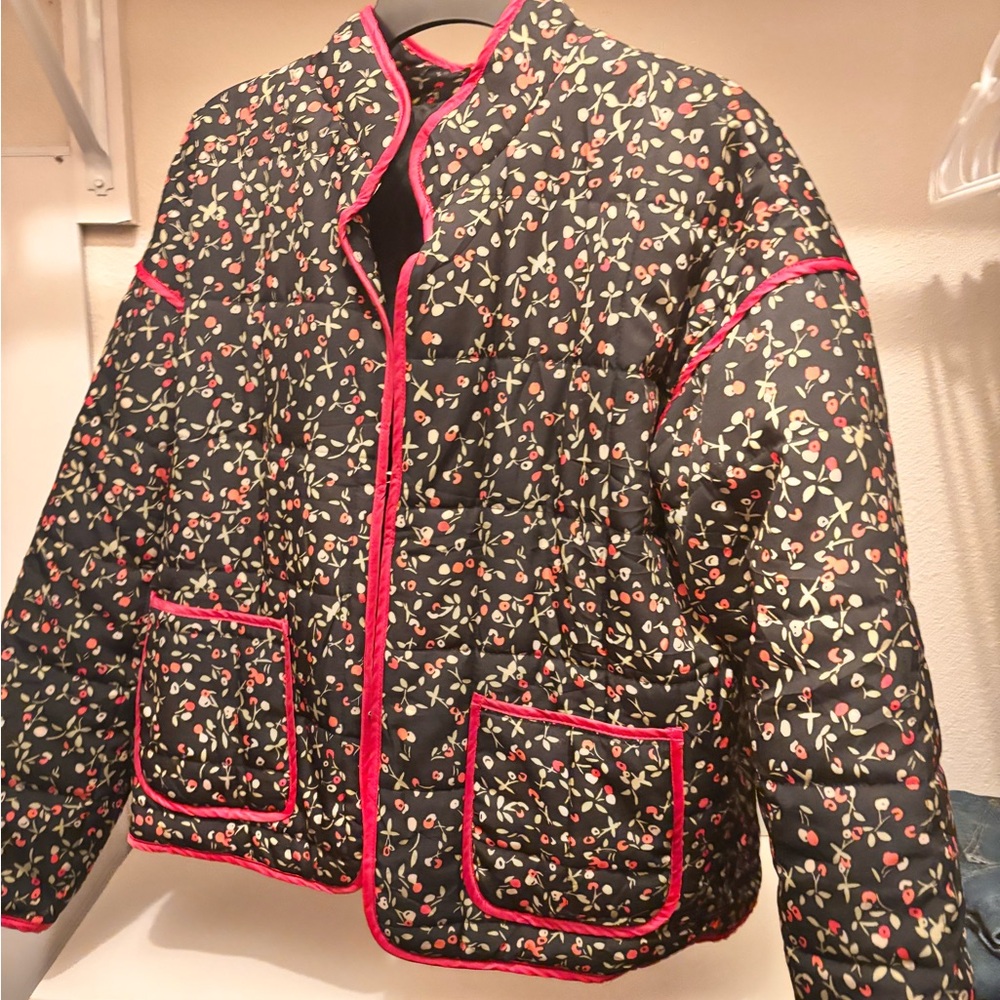 Floral Quilted Jacket with Red Trim